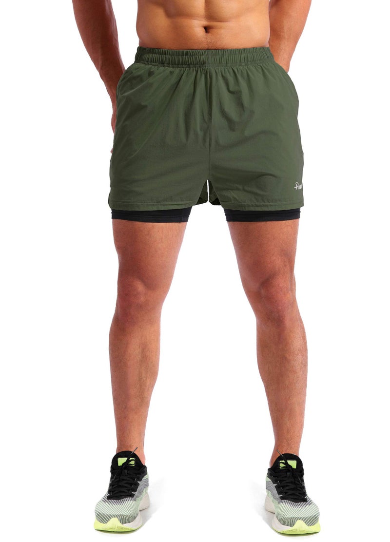 Pudolla Menâ€™s 2 in 1 Running Shorts 5" Quick Dry Gym Athletic Workout Shorts for Men with Phone Pockets(Dark Green X-Large) - Image 2